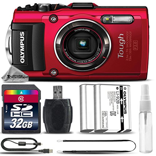 Olympus Stylus TOUGH TG-4 Digital Camera (Red) + 32GB CLASS 10 MEMORY CARD + Replacement Battery for Olympus LI-92B + Card Reader + Tripod + Cleaning Kit - International Version