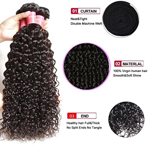 Donmily 10A Brazilian Curly Hair with Closure 3 Bundles Curly Hair Weft with Free Part Lace Closure 100% Unprocessed Virgin Human Hair Extensions Natural Color