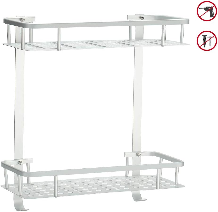 Hodzeed No Drilling Glue Shower Shelves, Aluminum 2 Tier Glue Bathroom Shelf Caddy Adhesive Storage Basket for Shampoo