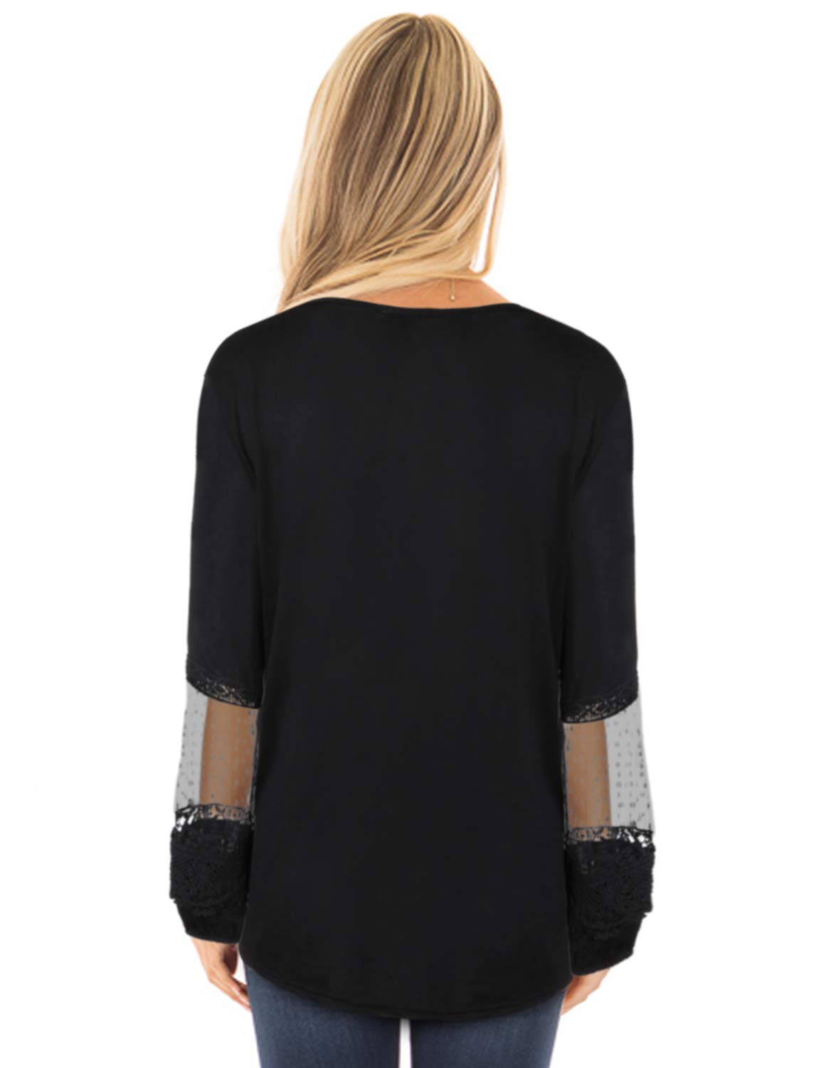 BMJL Women\'s V Neck T Shirt Drape Lace Splicing Puff Sleeve Top Loose Blouse (L,Black)