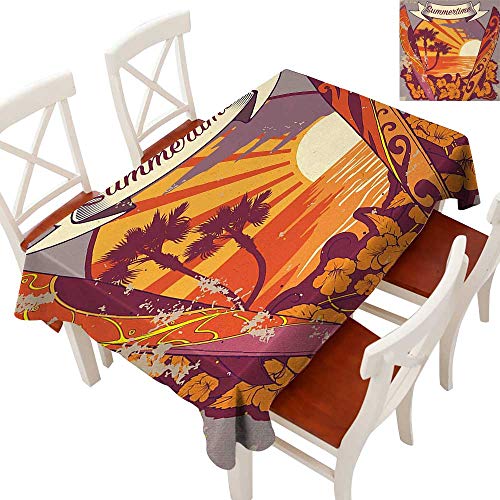 WinfreyDecor Flow Spillproof Fabric Tablecloth Tablecloth Thick Original Restaurant Retro Summertime Typography with Surfboards and Exotic Plants Graphic Orange Maroon Bluegrey 54" × 90"