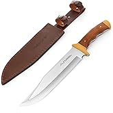 FLISSA 14-inch Bowie Full-tang Fixed Blade Knife with Wood Handle, Hunting Knife with Leather Sheath for Outdoor Survival, Camping, Hiking