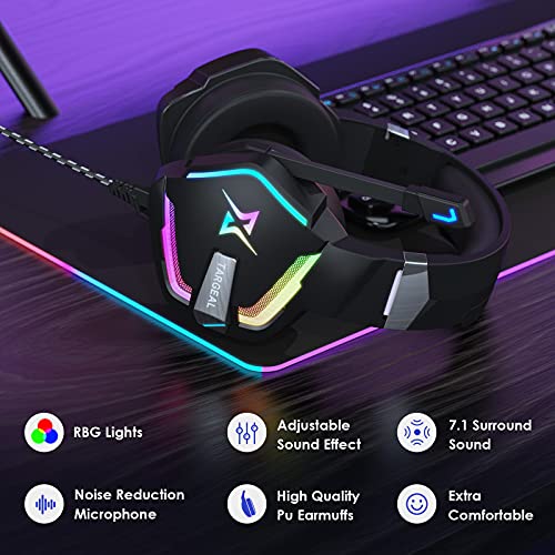 7.1 Stereo Bass Surround Sound Gaming Headset for PS4 PS5 PC Laptop, USB Jack Over Ear Wired Gaming Headphones with Noise Canceling Mic, LED RGB Light,1pcs Free USB Type C Cable Adapter