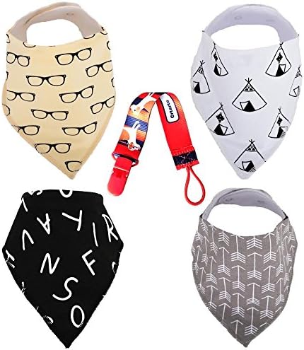Baby Bandana Drool Bibs Use For Drooling, Teething, &amp; Feeding - Soft Absorbent Cotton, 2 Adjustable Snaps - With Free Pacifier Clip &amp; Black Unisex Bandana Bibs for Girls &amp; Boys - By Hello Baby Care