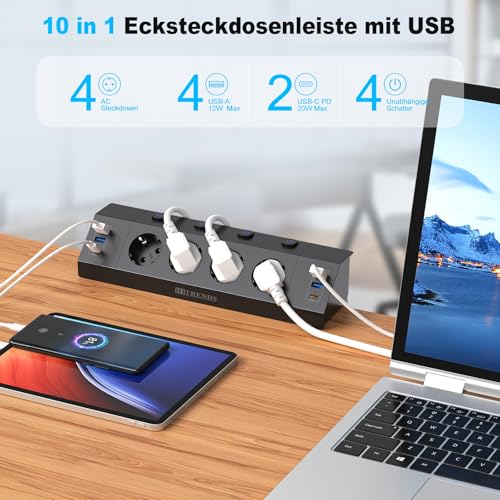 Tischsteckdose mit USB, 4 Fach Steckdosenleiste Schreibtisch mit Einzeln Schalter, 10-in-1 Ecksteckdose mit 4 USB A & 2 USB C (PD 20W) mit 2M Kabel, Überspannungsschutz Steckdose Tisch, Schwarz