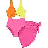 Funnycokid Girls One Piece Swimsuit Color Block Teen Bathing Suit with Pad Cover Up Skirt(7-16Y)