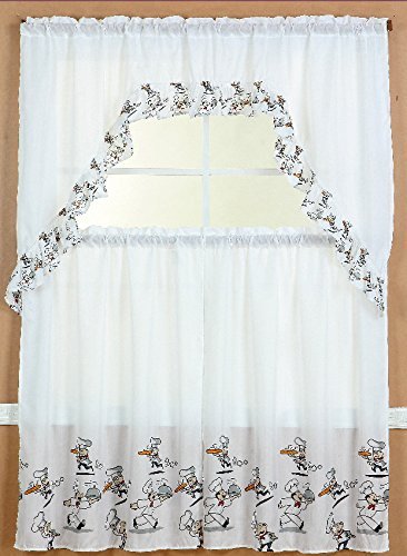 Gorgeoushomelinen 3pc White Chef Design Kitchen Window Ruffle Rod