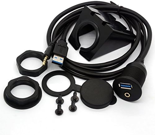 USB 3.0 Flush Mount Cable, Arita 1M 3 Feet USB 3.0 &amp; 3.5mm Aux Panel Flush Mount Dash Extension Cable, with Mounting Bracket for Car/Boat/Bike/Motorcycle and Trailer (Black)