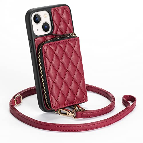 LAMEEKU Wallet Case Compatible with iPhone 13, Crossbody Case Quilted Leather RFID Card Holder with Wrist Strap Protective Bumper Case Compatible with iPhone 13, 6.1 Inch-Burgundy