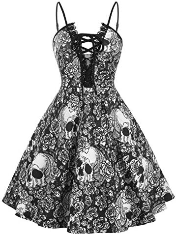 Rose GAL Women's Plus Size Halloween Skull Print Lace Up Lace Trim Dress