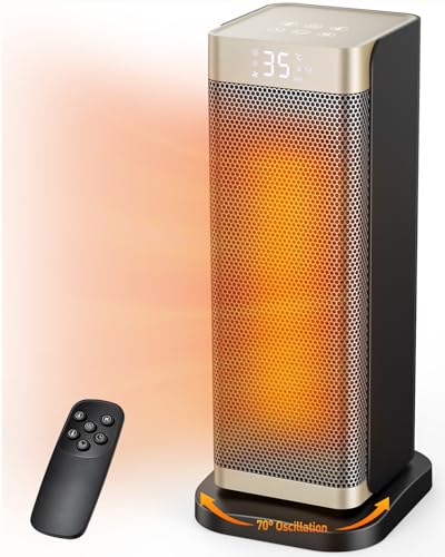 Space Heater for Indoor Use, 1500W PTC Ceramic Fast Heating with Thermostat, 70° Oscillating, 12h Timer, Overheating & Tip-Over Protection, Portable Electric Heater for Bedroom OfficeHome, 16'' Tall