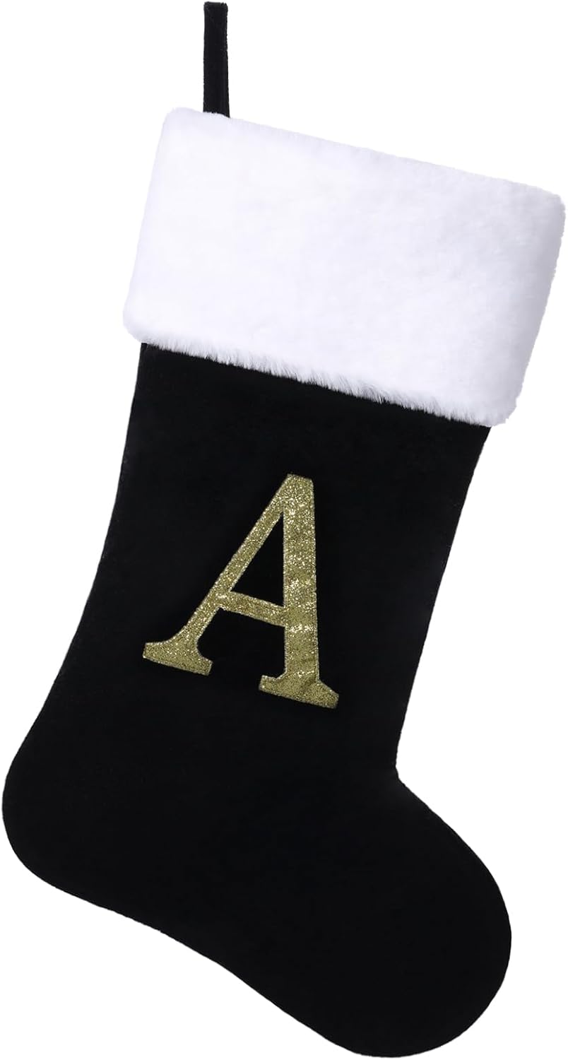 Stockings & Holders - Yehnois 20 Inches Initial Monogram Christmas Stocking Personalized,Deluxe Black Velvet Body with Super Soft Plush Cuff Embroidered Letter,Holiday Season Decor（A）