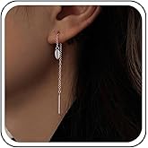 Aneneiceera Vintage Tiny Leaf Chain Dangle Threader Earrings Silver Leaf Long Pull Through Earring Thin String Threader Chain Earring Metal Tassel Drop Earrings Jewelry for Women