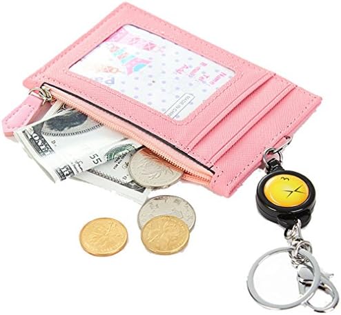 Edmen Leather Slim Credit Card Pocket with Key Ring and ID Window Purse (Pink)