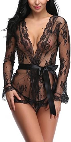 Holagift Women Sexy Lace Long Sleeves Lingerie Babydoll Sleepwear