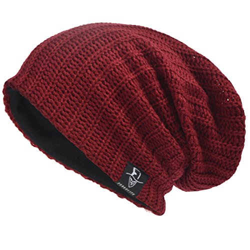 Men's Cool Cotton Beanie Slouch Skull Cap Long Baggy Hip-hop Winter Summer Hat B305 (Ribbed-Claret)