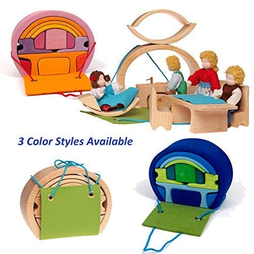 Grimm's 'Bauhaus' Mobile Doll's Home in Blue/Green Wooden CarryAlong