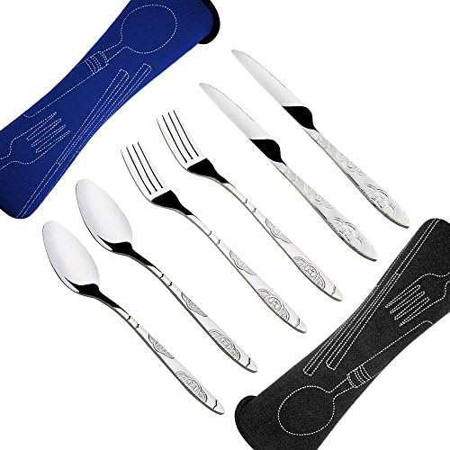 6 Pieces Flatware Sets , Stainless Steel Silverware Sets With Carrying Case For Travel Cutlery Set or Work Lunch , Portable Travel Camping Utensil Set Knife Fork Spoon KNASI 2 Pack