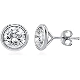 BERRICLE Sterling Silver Solitaire Bezel Set Round Cut Cubic Zirconia Stud Earrings, Unisex for Women/Men, Yellow Gold/Rhodium Plated, Small/Large CZ 4-9mm