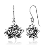 925 Oxidized Sterling Silver Vintage Detailed Lotus Flower Blossom Dangle Hook Earrings 1.1