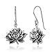 925 Oxidized Sterling Silver Vintage Detailed Lotus Flower Blossom Dangle Hook Earrings 1.1