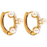 Pearl Small Hoop Earrings for Women Stainless Steel Cartilage Earrings Delicate Geometry Small Pearls Beaded Hinged Huggie Hoops Earrings Dainty Ear Jewelry