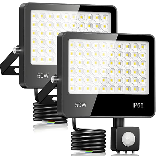 LAMLAMCK LED Spotlight with Motion Sensor 50W – 2 Pieces 5000LM 6500K White Outdoor LED Spotlights with Motion Sensor, IP66 Waterproof Outdoor Projector for Patio, Garden, Walkway, Garage
