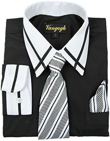 Vangogh Boys Long Sleeve Dress Shirt with Contrast Striped Collar &amp; Cuffs 20 Black
