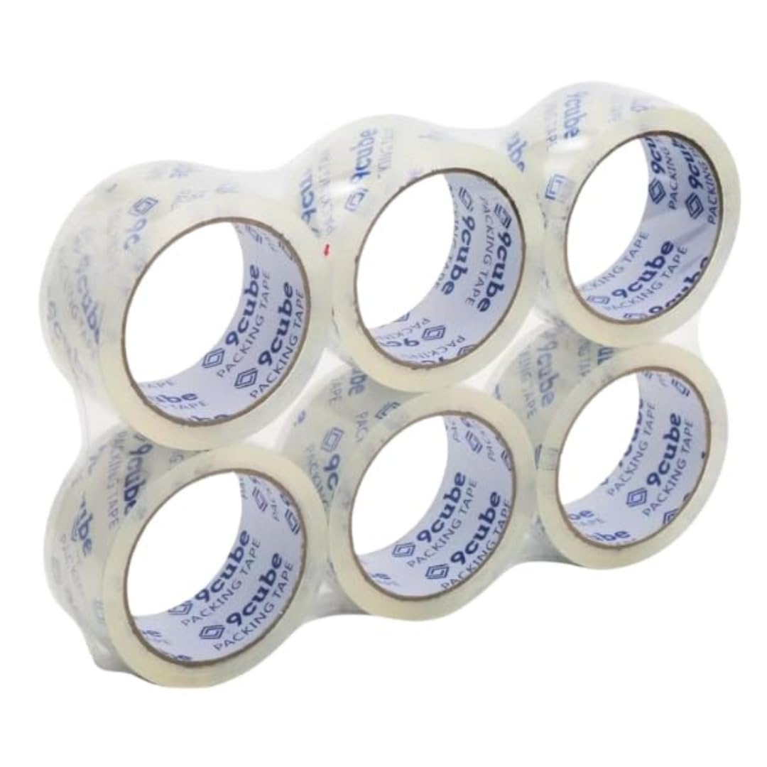 9Cube Crystal Clear Packing Tape – Strong Parcel Tape for Boxes, Shipping & Moving – Silent, Solvent-Free Adhesive – 48mm x 66m Rolls – Ideal for Home, Office & Warehouse Use (6 Pack)
