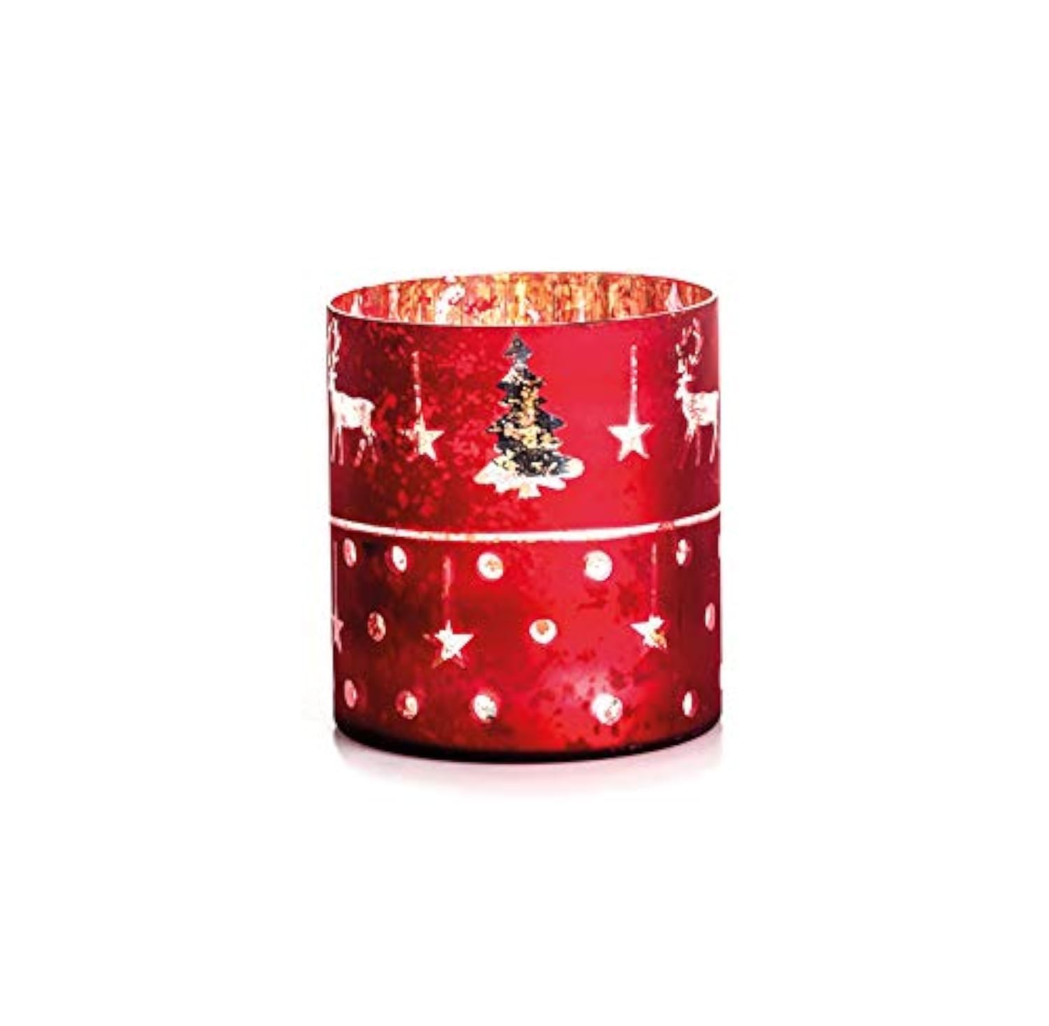 EUROCINSA Ref. 28029 Glass Candle Holder Red with Silver with Deer and Stars 12.5 x 14 cm 1pc, One Size