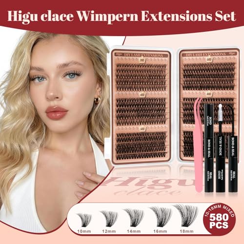Higu clace 580 Pieces Eyelash Extensions 30-40-50-60-80-100D Curl Lash Extension Set Artificial Eyelashes for Eyelash Extension at Home DIY Eyelash Extensions for Beginners (10-18 mm)