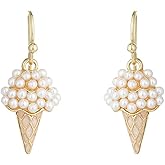 Icecream Cone Pearl Earrings for Women Gold Plated Handmade Lovely 3D Imitate Ice Cream Cake Food Cute Small Dangle Drop Earrings for Birthday Summer Beach Vacation Fashion Jewelry Gifts