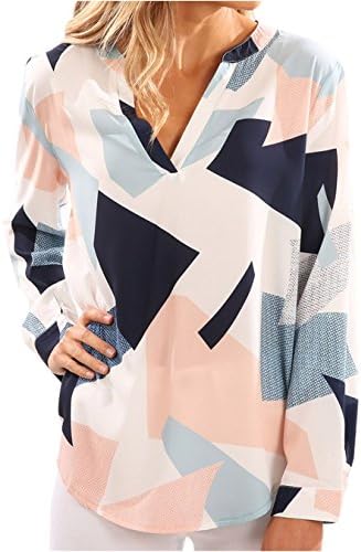 ORQ Women's Floral Print Long Sleeve V-Neck Geometric Pattern Casual Slim Blouse Top,Geometric Pattern,X-Large
