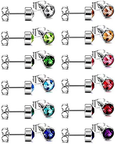 12 Pairs Stainless Steel Stud Earrings Tragus Cartilage Ear Stud Earrings Round Ball Studs Medical Cubic Zirconia Barbell Earrings Set for Women Girls 12 Colors
