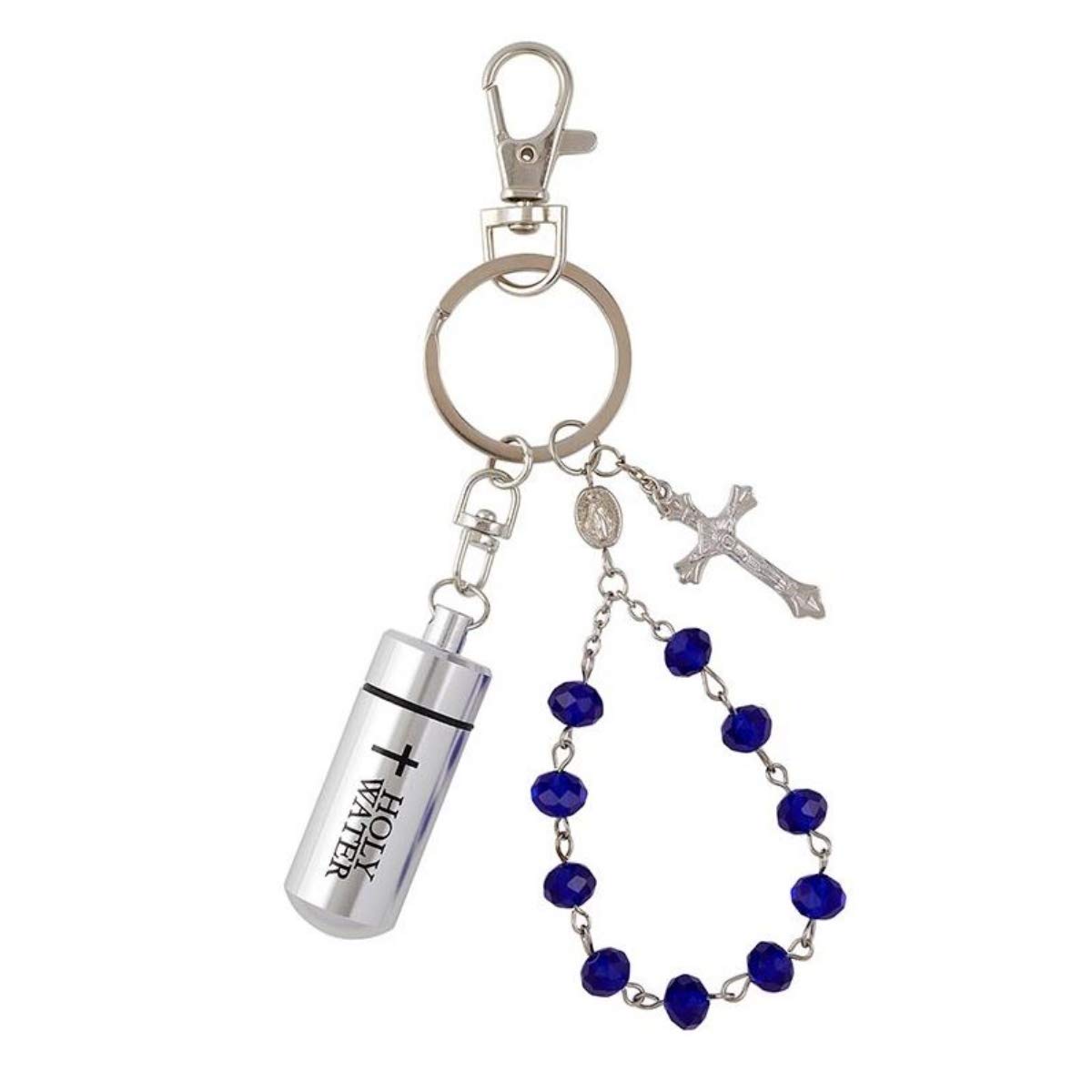Holy Water Keychain with 1 Decade Blue Bead Rosary with Miraculous Medal and Crucifix, 4 1/2 Inches