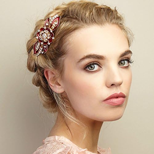 Flower Hair Clip Vintage Style with Crystals Gold Hairclip Enamel Diamante Hair Grip by QueenMee (Red)