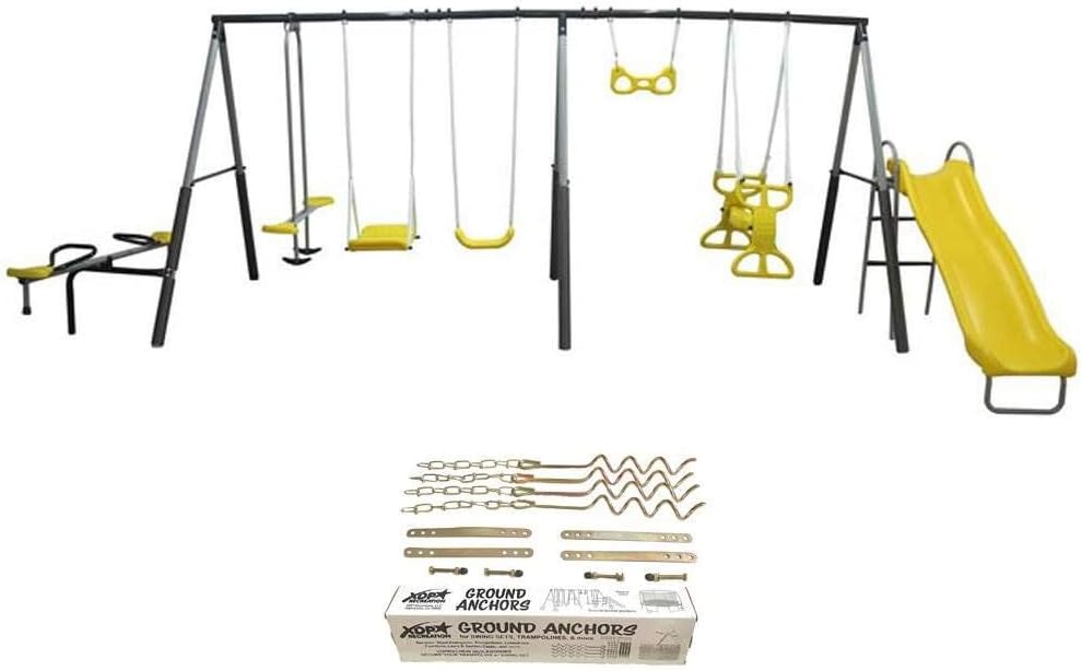 XDP RECREATION Rising Sun Kids Metal Outdoor Playground Swing Set + Anchor Kit