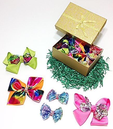 Sparkly Sequin &amp; Rhinestone Fancy Hair Bow Clips Gift Set for Girls (Green, Pink, Orange &amp; Tie Dye)