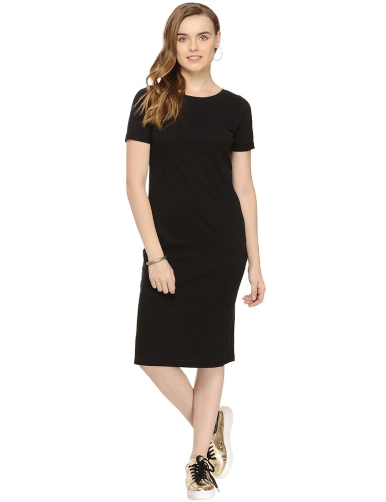 rigo black solid knee length half sleeve bodycon dress