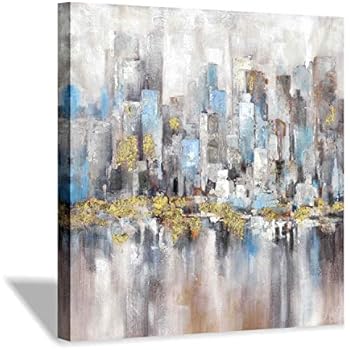 Hardy Gallery Modern Cityscape Canvas Wall Picture: Abstract Artwork with Gold Foils Texture Picture on Canvas for Wall Decor (24