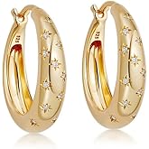 Chunky CZ Star S925 Sterling Silver Hoop Earrings for Women Gold-Tone Dainty Crystal Cubic Zirconia Starburst Oval Huggie Sleeper Hoops Trendy Jewelry