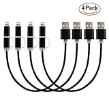 2-in-1 Lightning and Micro USB Cable [4 Pack 10 inches] DETHINTON Nylon Braided Charging/Sync Data for iPhone 7, iPhone 6, iPod, Samsung Galaxy and Android, Black