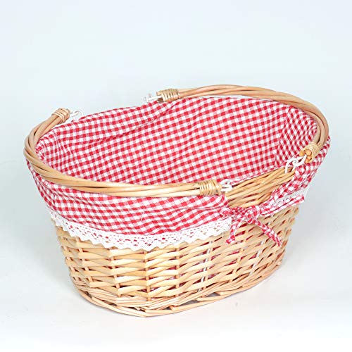 MEIEM Wicker Basket Gift Baskets Empty Oval Willow Woven Picnic Basket Easter Candy Basket Large Storage Basket Wine Basket with Handle Egg Gathering Wedding Basket (Pink) - Thumbnail 2