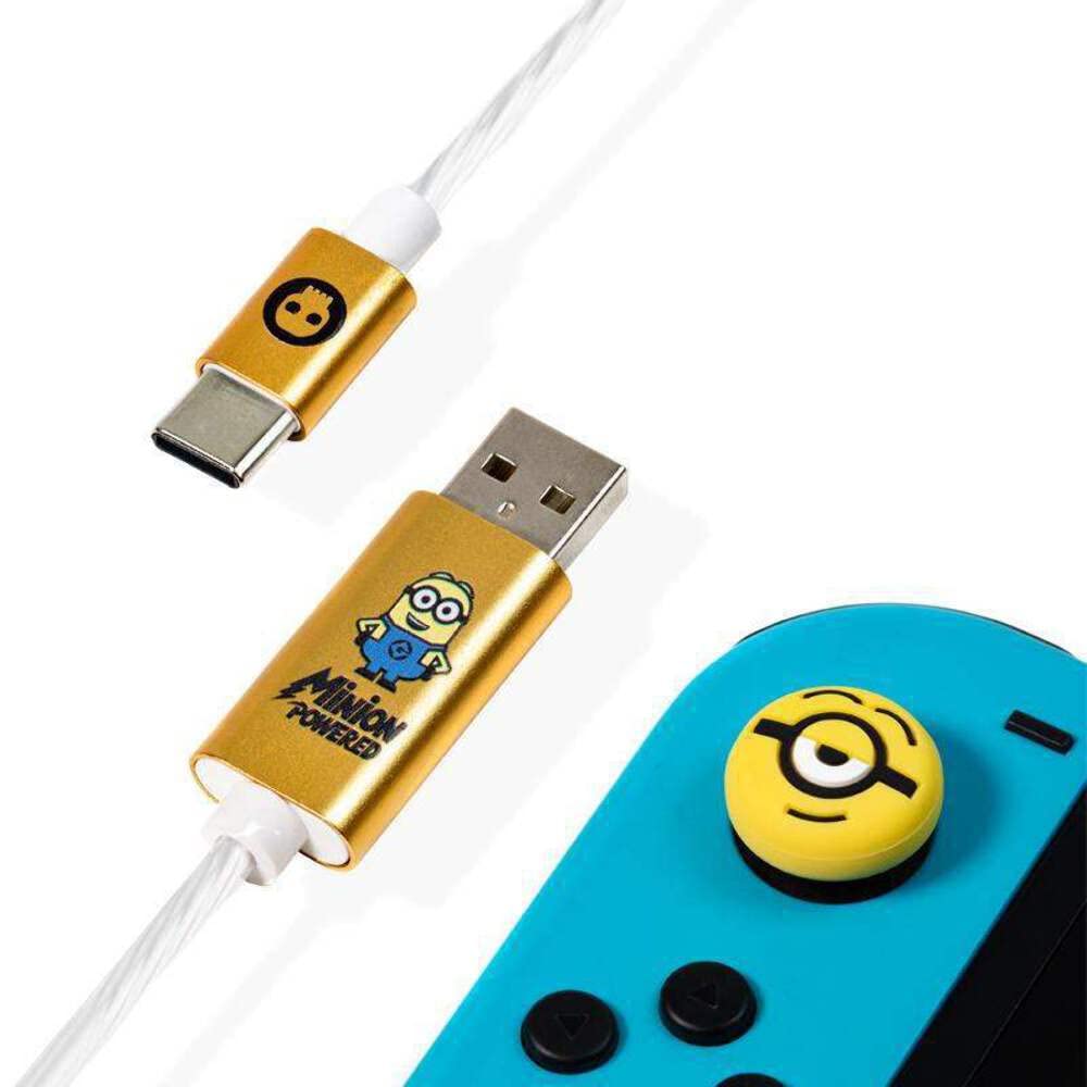 Numskull Official Despicable Me 4 Minions LED USB Type-C Cable and Thumb Stick Grips - 1.5m Fast Charging Lead - Compatible with Xbox Series X|S, PlayStation 5, Nintendo Switch