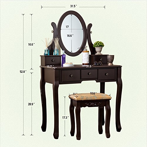 Fineboard Single Mirror Dressing Table Set Five Organization Drawers Vanity Table with Wooden Stool, Brown - Thumbnail 3