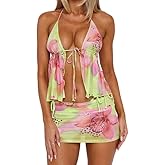 Argeousgor Women Y2k 2 Piece Mini Skirt Set Cute Halter Tank Top Low Waist Short Skirt Boho Summer Beach Going Out Outfits