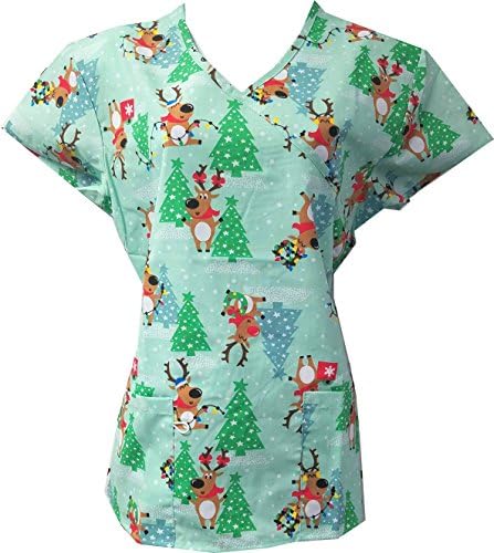 Christmas Scrub Tops Holiday Prints Sizes XS-4XL Medical Nursing NWT (S, Reindeer with Tie Back)