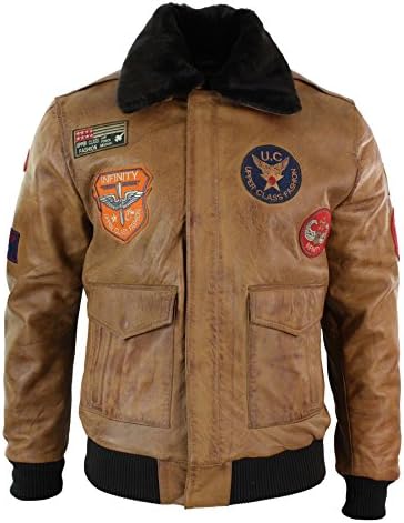 Mens Genuine Leather Air Force Pilot Bomber Jacket Tan Brown Badge Vintage Retro