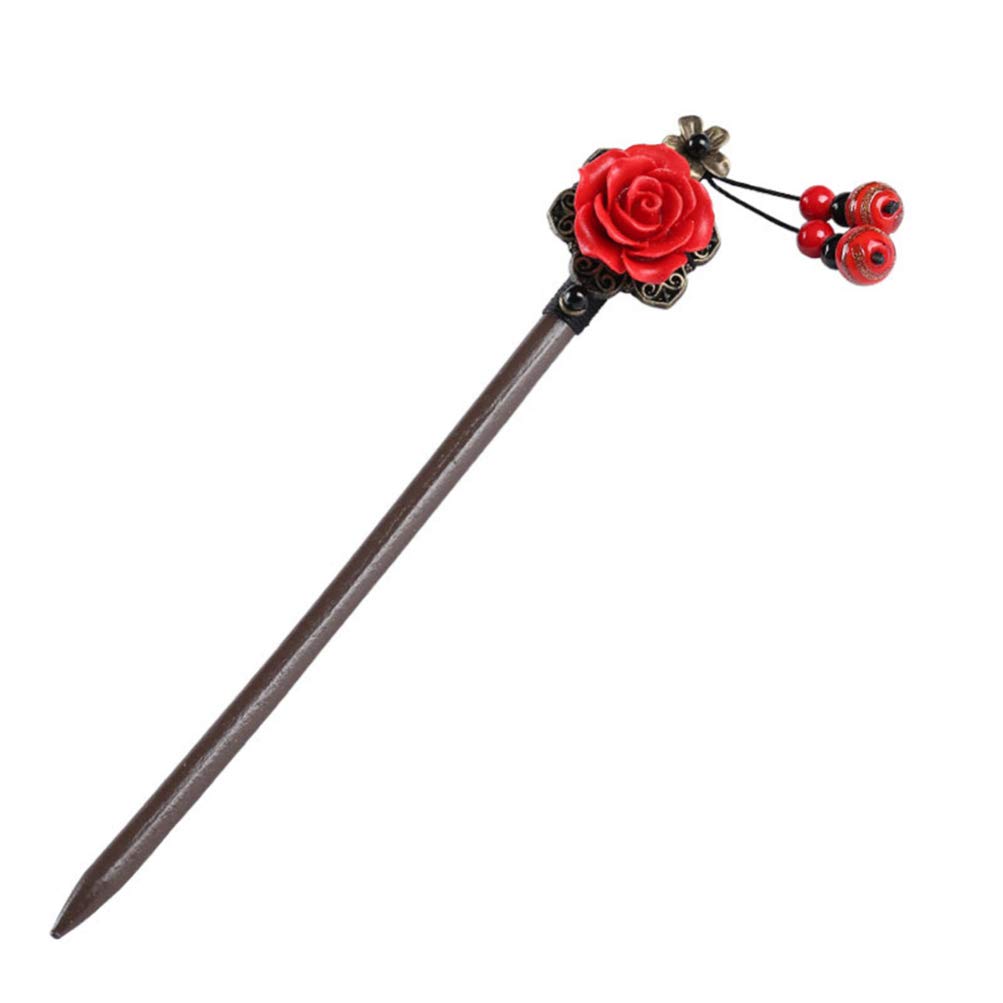 FRCOLOR Vintage Wood Hair Sticks Red Flower Chinese Japanese Hair Pins Picks Handmade Long Fork Pen Hairpins Sticks Clips Barrettes for Wedding Women Girls Hair Accessory