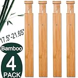 4 Pack Bamboo Drawer Dividers, Spring Loaded Adjustable Drawer Separators (2.1" High, 17.5"-21.65"), Perfect Expandable Wooden Drawer Dividers for Kitchen, Bedroom, Bathroom, Dresser & Office
